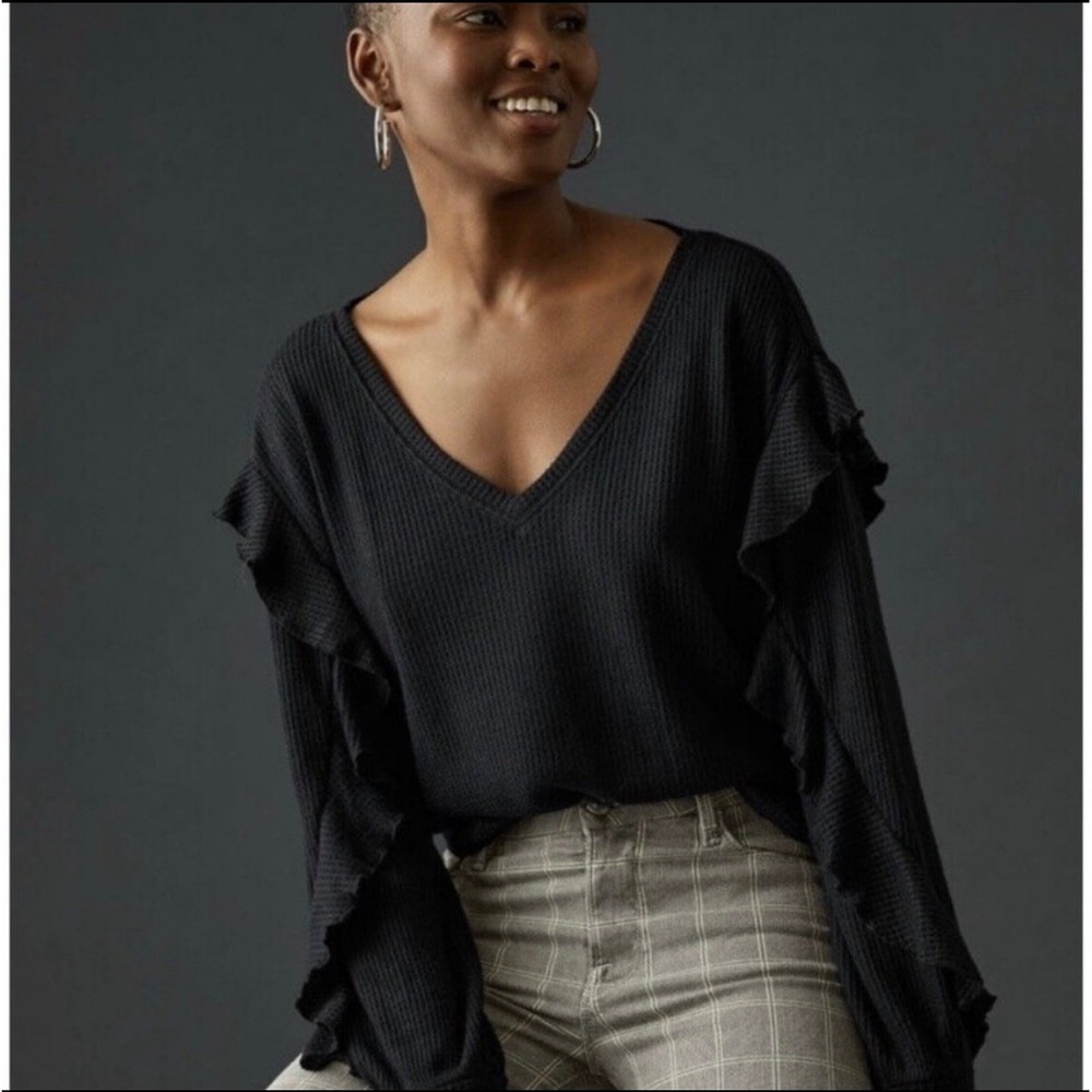 Anthropologie Pilcro Black Waffle Knit Ruffle Sleeve V Neck Top Size XS